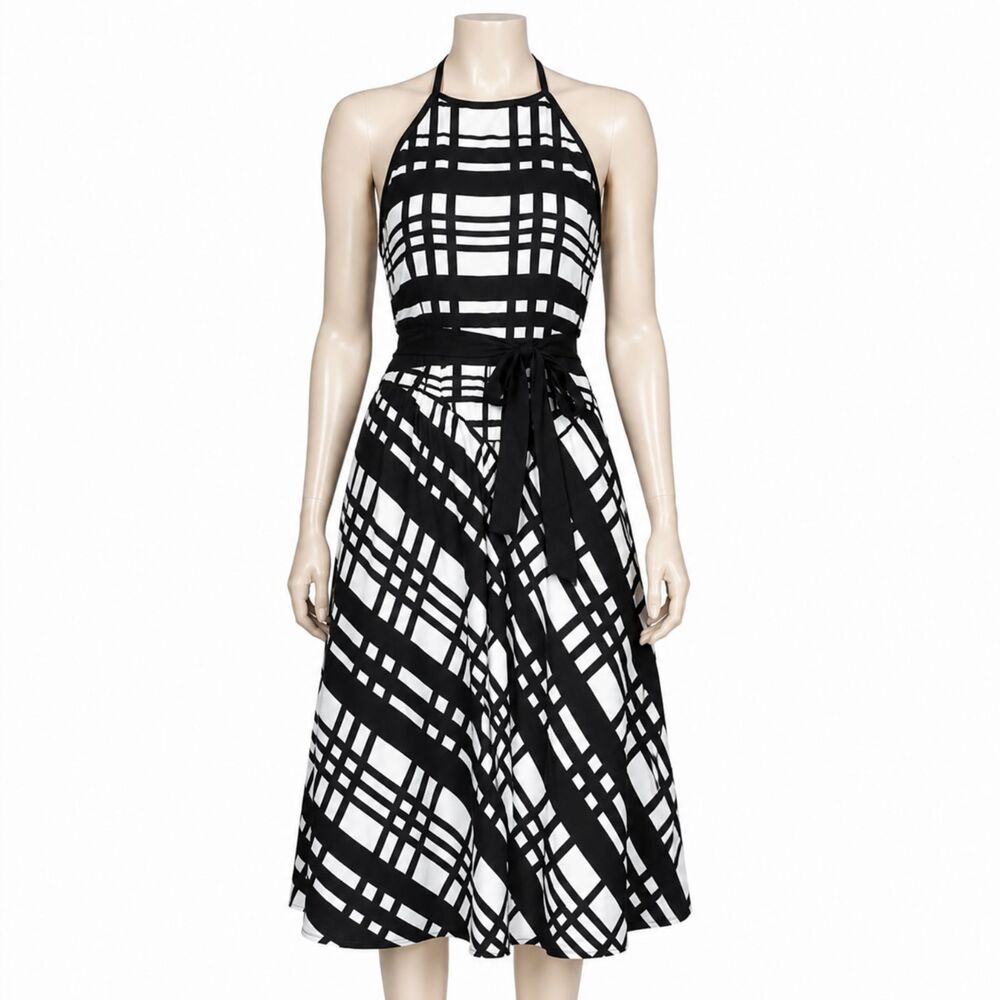 Ann Taylor Black White Plaid Midi Dress Sleeveless Old Money Minimalist Size 14 - Picture 2 of 7